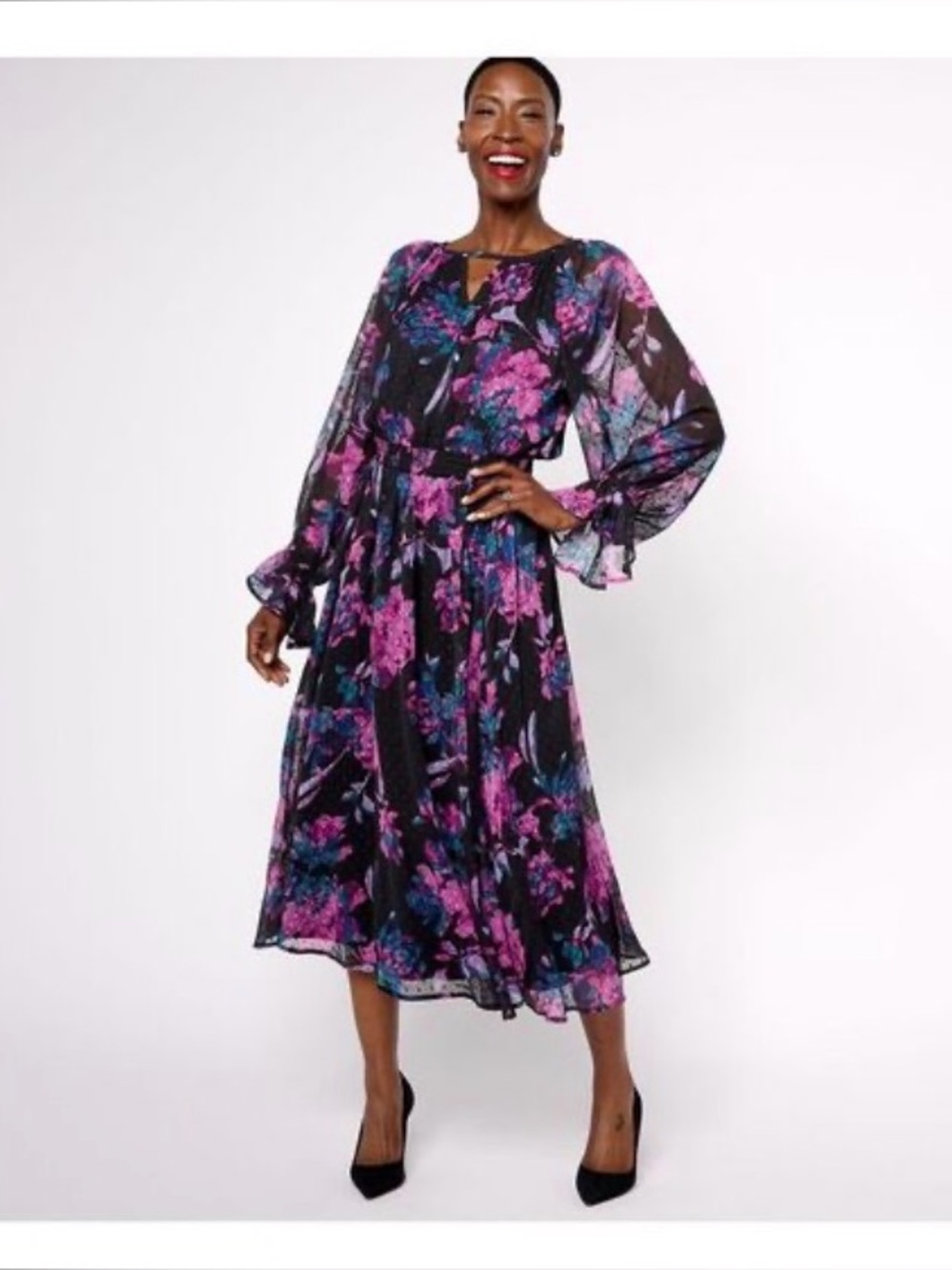 Destination 365 Black Floral Long-Sleeve Midi QVC Dress in Black, Blue and Pink